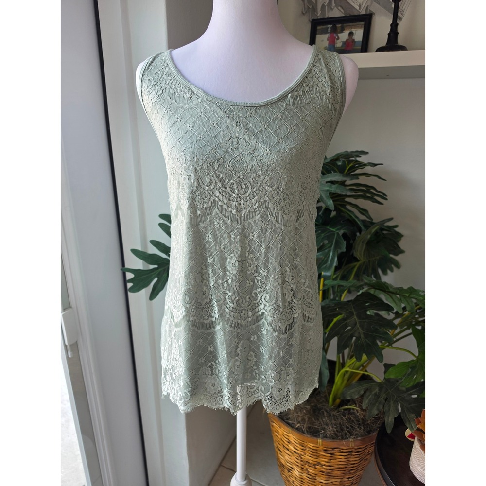 Maurices Sage Green Lace Overlay Sleeveless Tank Top Eyelash Hem Size L